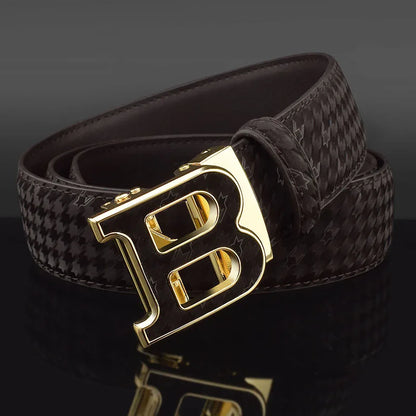 Automatic Buckle Belt - Genuine Leather Men’s Fashion Waist Strap With Golden B Buckle - ZOOMNSTORE