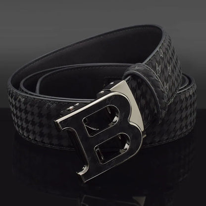 Automatic Buckle Belt - Genuine Leather Men’s Fashion Waist Strap With Golden B Buckle - ZOOMNSTORE