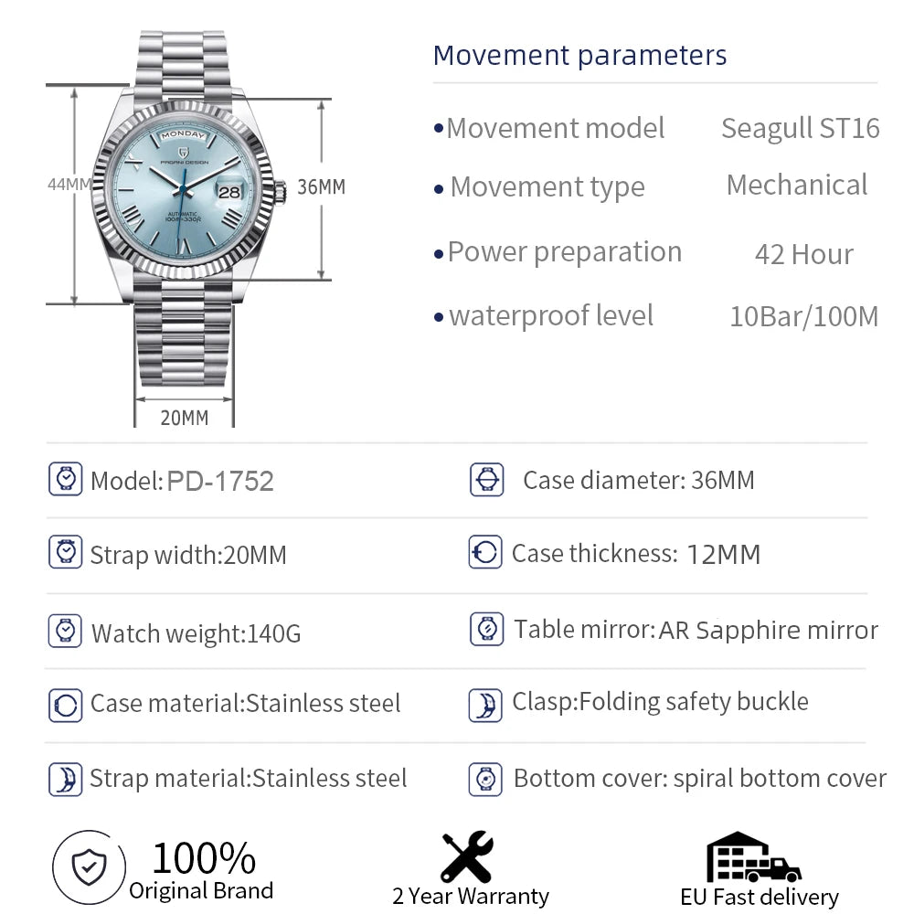 Automatic Mechanical Watch - Men's 36mm Stainless Steel Wristwatch with Sapphire Crystal Dial - ZOOMNSTORE