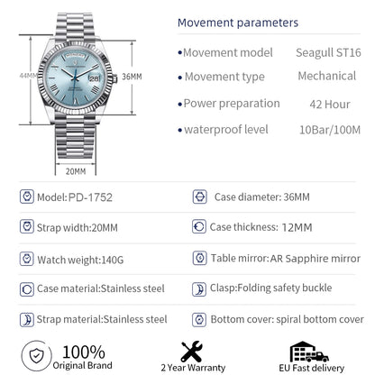 Automatic Mechanical Watch - Men's 36mm Stainless Steel Wristwatch with Sapphire Crystal Dial - ZOOMNSTORE