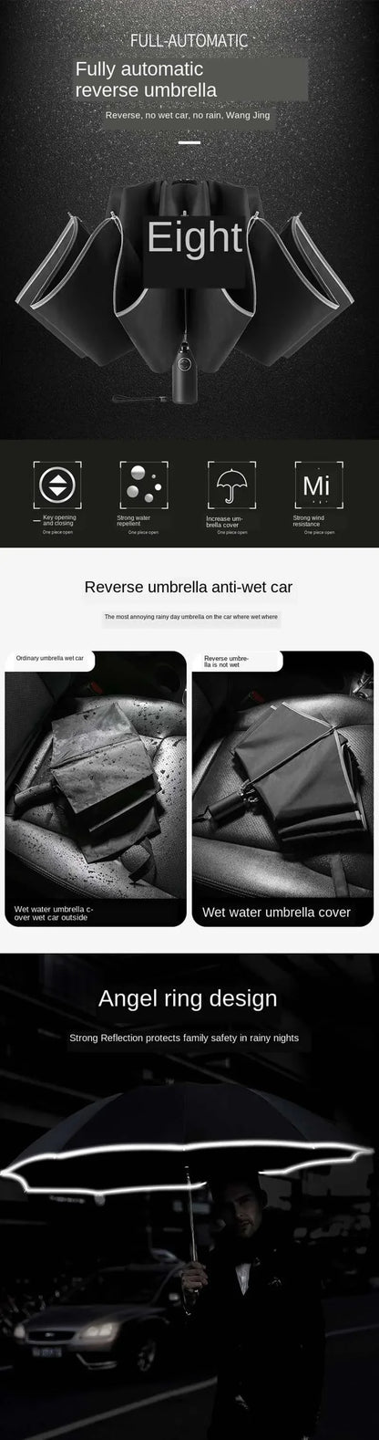 Men Women Umbrella  Fully Automatic Reverse Folding Umbrella with Windproof Reflective Stripe UV Umbrellas - ZOOMNSTORE
