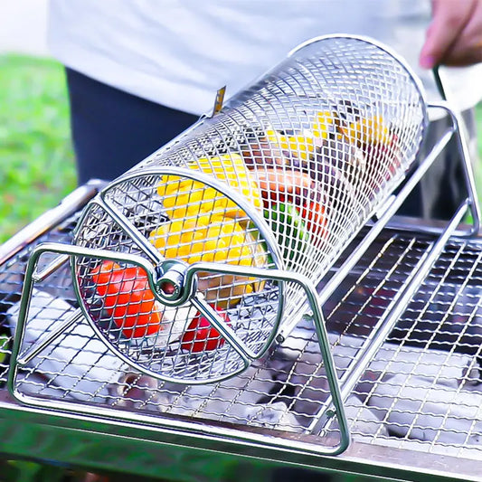 BBQ Grill Basket - Stainless Steel Rotisserie Mesh Basket with Handle for Outdoor Cooking - ZOOMNSTORE