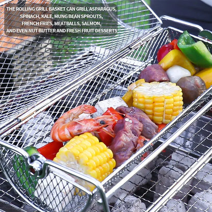 BBQ Grill Basket - Stainless Steel Rotisserie Mesh Basket with Handle for Outdoor Cooking - ZOOMNSTORE