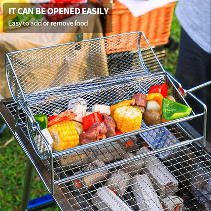 BBQ Grill Basket - Stainless Steel Rotisserie Mesh Basket with Handle for Outdoor Cooking - ZOOMNSTORE