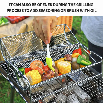 BBQ Grill Basket - Stainless Steel Rotisserie Mesh Basket with Handle for Outdoor Cooking - ZOOMNSTORE