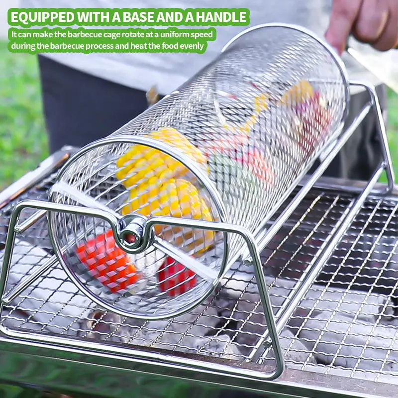 BBQ Grill Basket - Stainless Steel Rotisserie Mesh Basket with Handle for Outdoor Cooking - ZOOMNSTORE
