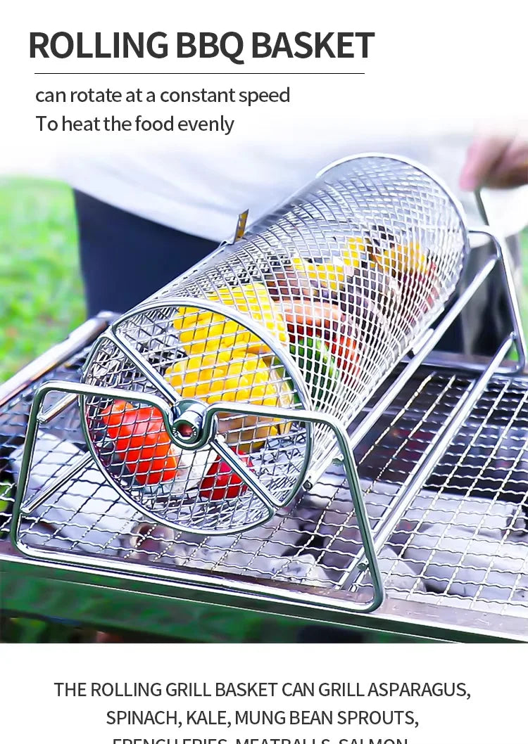BBQ Grill Basket - Stainless Steel Rotisserie Mesh Basket with Handle for Outdoor Cooking - ZOOMNSTORE