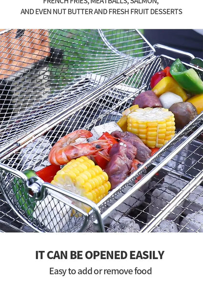 BBQ Grill Basket - Stainless Steel Rotisserie Mesh Basket with Handle for Outdoor Cooking - ZOOMNSTORE