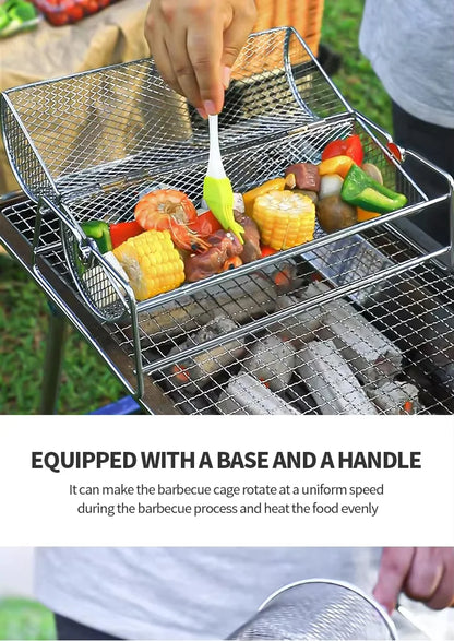 BBQ Grill Basket - Stainless Steel Rotisserie Mesh Basket with Handle for Outdoor Cooking - ZOOMNSTORE