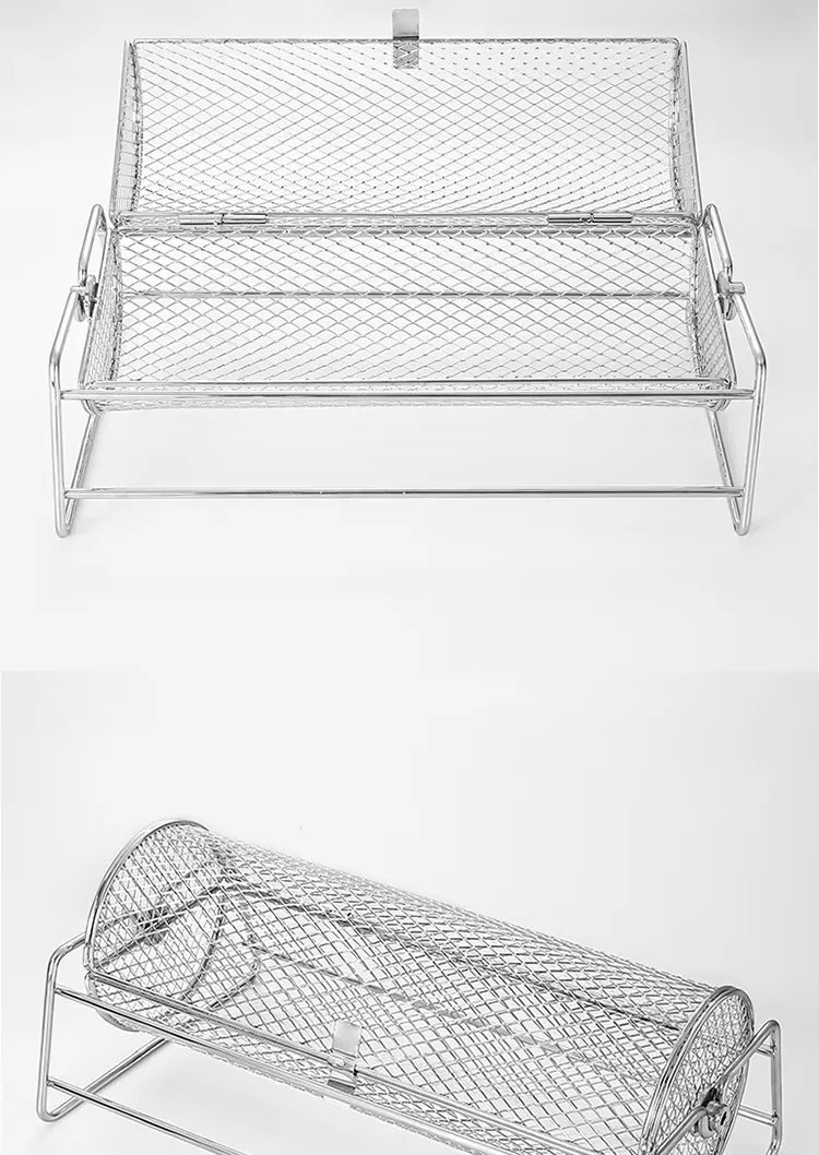 BBQ Grill Basket - Stainless Steel Rotisserie Mesh Basket with Handle for Outdoor Cooking - ZOOMNSTORE