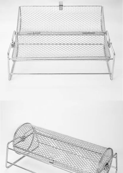 BBQ Grill Basket - Stainless Steel Rotisserie Mesh Basket with Handle for Outdoor Cooking - ZOOMNSTORE