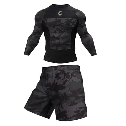 Mens Black No Gi BJJ Jiu Jitsu Set - MMA Shorts  Compression Rashguard - ZOOMNSTORE
