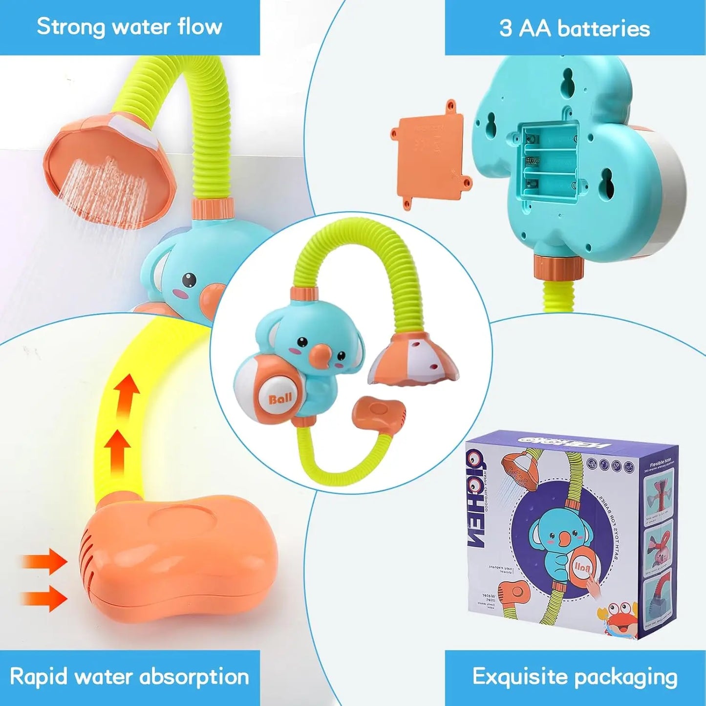 1Set Cartoon Cute Little Elephant Electric Shower, 360°Jet Water Wash Head, Baby Bath Sprayer, Bathroom Fun Water Play Toy - ZOOMNSTORE