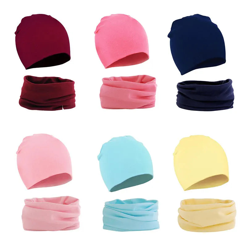 2Pcs Baby Beanie Hat Scarf Set Cotton Kids Cap for Girls Boys Elastic Candy Color Toddler Hat Kids Accessories Infant Bonnet - ZOOMNSTORE