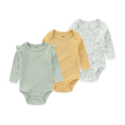 Baby Bodysuit Cotton - Newborn Onesies 3 Pcs Long Sleeve Soft Infant Bodysuits - ZOOMNSTORE