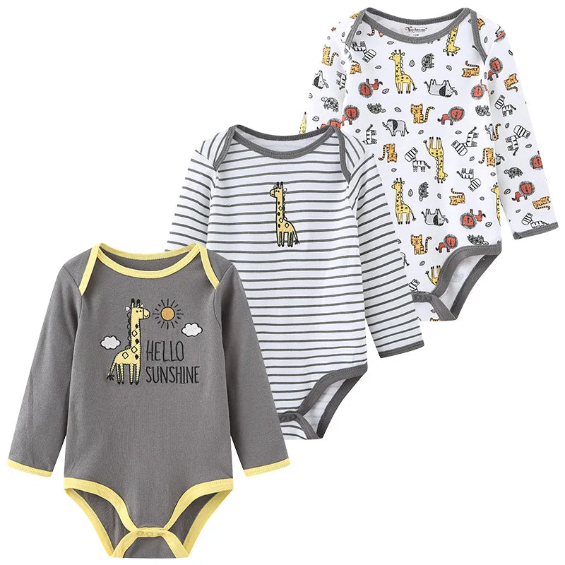 Baby Bodysuit Cotton - Newborn Onesies 3 Pcs Long Sleeve Soft Infant Bodysuits - ZOOMNSTORE
