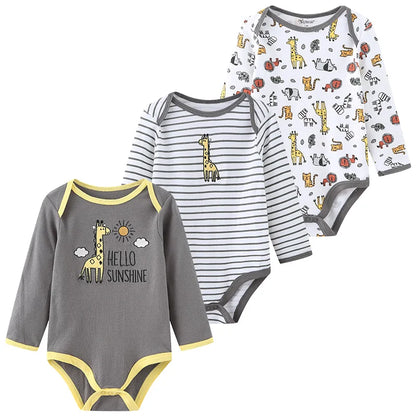 Baby Bodysuit Cotton - Newborn Onesies 3 Pcs Long Sleeve Soft Infant Bodysuits - ZOOMNSTORE