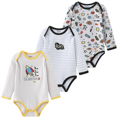 Baby Bodysuit Cotton - Newborn Onesies 3 Pcs Long Sleeve Soft Infant Bodysuits - ZOOMNSTORE