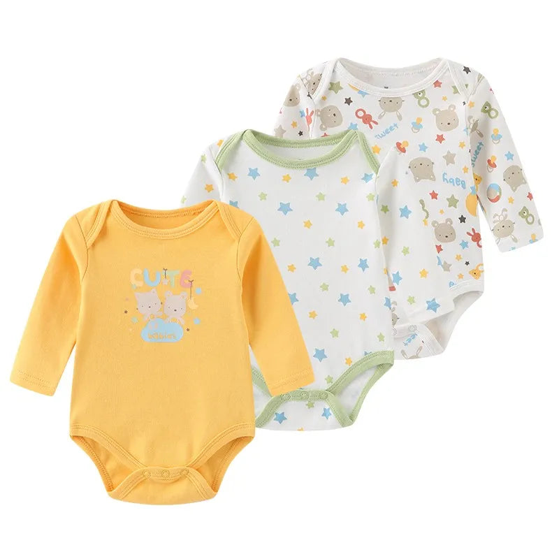 Baby Bodysuit Cotton - Newborn Onesies 3 Pcs Long Sleeve Soft Infant Bodysuits - ZOOMNSTORE