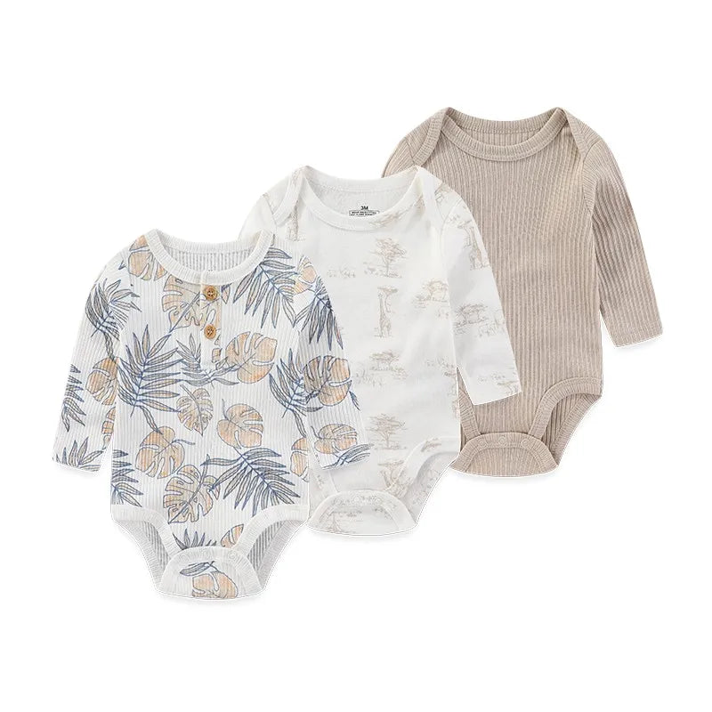 Baby Bodysuit Cotton - Newborn Onesies 3 Pcs Long Sleeve Soft Infant Bodysuits - ZOOMNSTORE