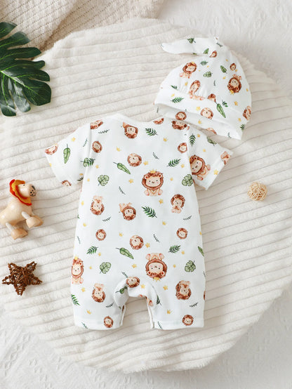 Baby Boy Hoodie Set – Cartoon Lion Short Sleeve Hoodie with Shorts & Hat for Infants - ZOOMNSTORE