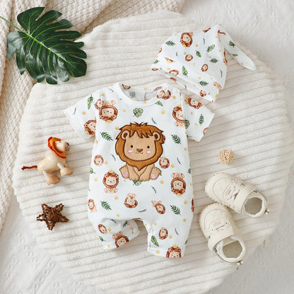 Baby Boy Hoodie Set – Cartoon Lion Short Sleeve Hoodie with Shorts & Hat for Infants - ZOOMNSTORE