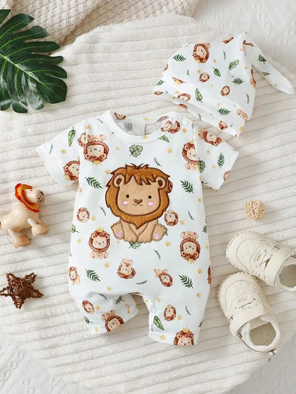 Baby Boy Hoodie Set – Cartoon Lion Short Sleeve Hoodie with Shorts & Hat for Infants - ZOOMNSTORE
