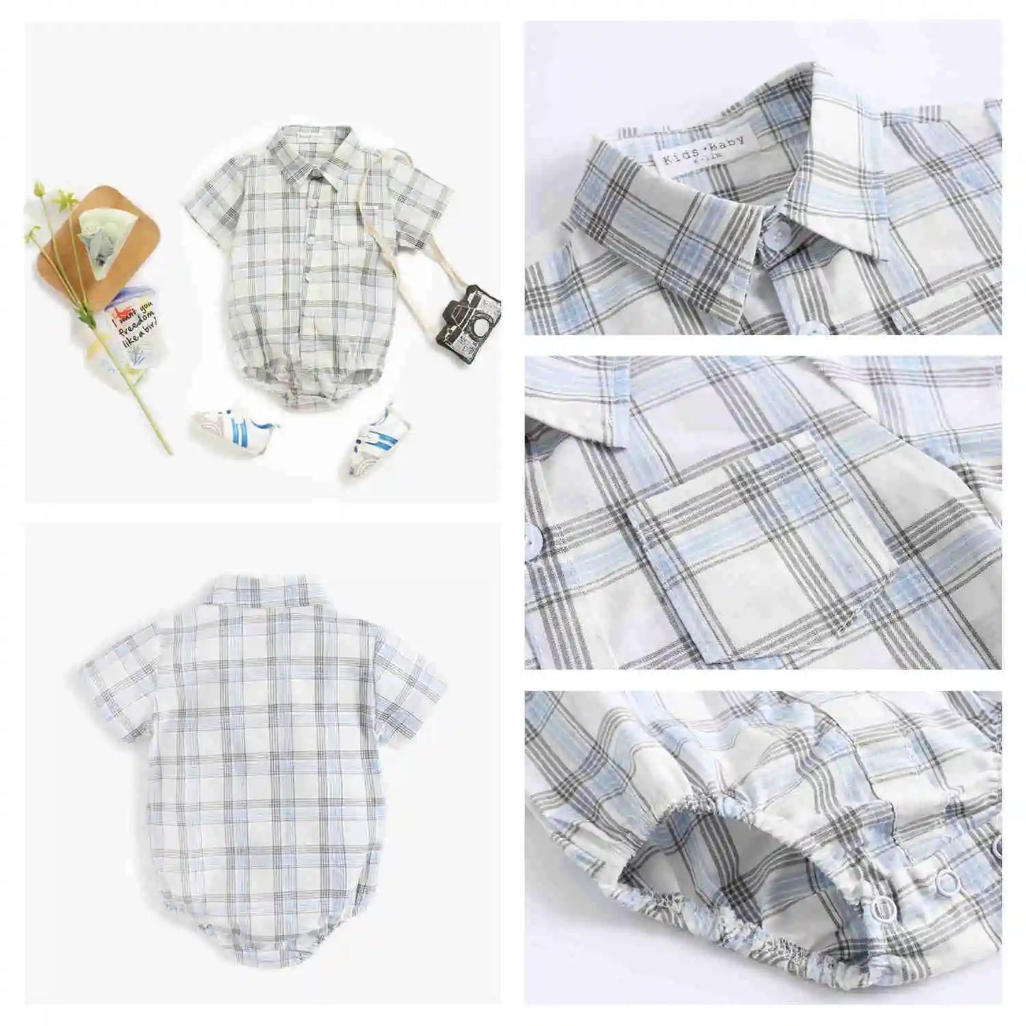 Baby Boys Bodysuit - Soft Cotton Fabric Summer Baby Bodysuit with Plaid Pattern - ZOOMNSTORE