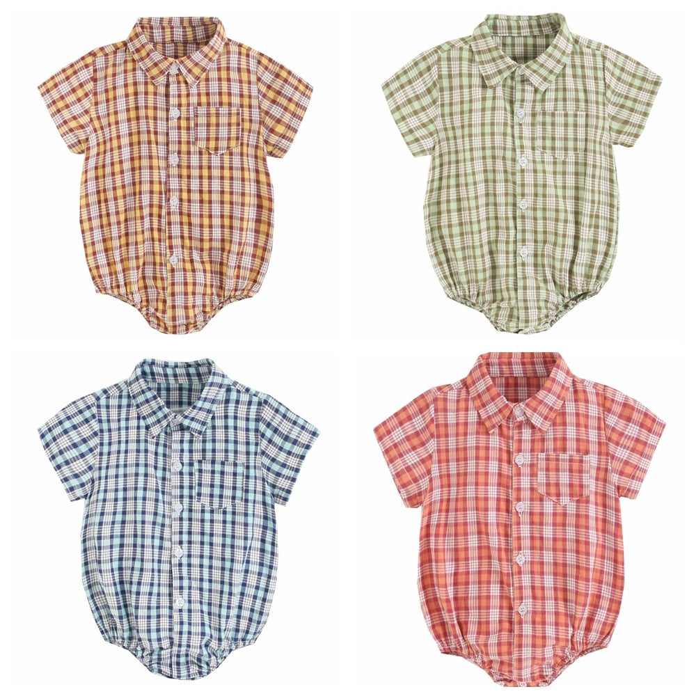 Baby Boys Bodysuit - Soft Cotton Fabric Summer Baby Bodysuit with Plaid Pattern - ZOOMNSTORE