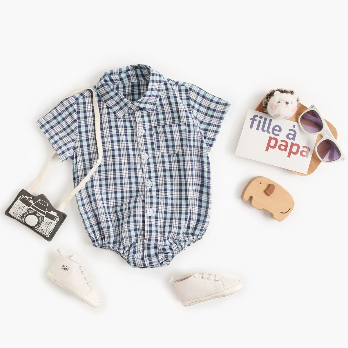 Baby Boys Bodysuit - Soft Cotton Fabric Summer Baby Bodysuit with Plaid Pattern - ZOOMNSTORE