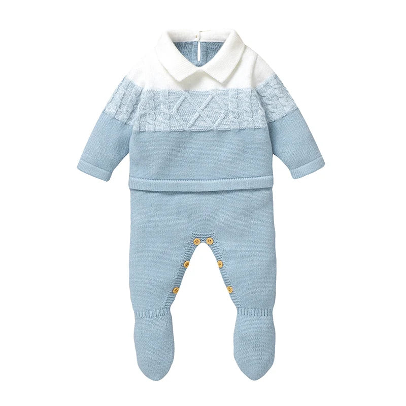Baby Boys Rompers - Soft Knit Long Sleeve Turn-Down Collar Infant Jumpsuit - ZOOMNSTORE