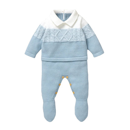 Baby Boys Rompers - Soft Knit Long Sleeve Turn-Down Collar Infant Jumpsuit - ZOOMNSTORE