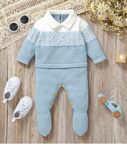 Baby Boys Rompers - Soft Knit Long Sleeve Turn-Down Collar Infant Jumpsuit - ZOOMNSTORE