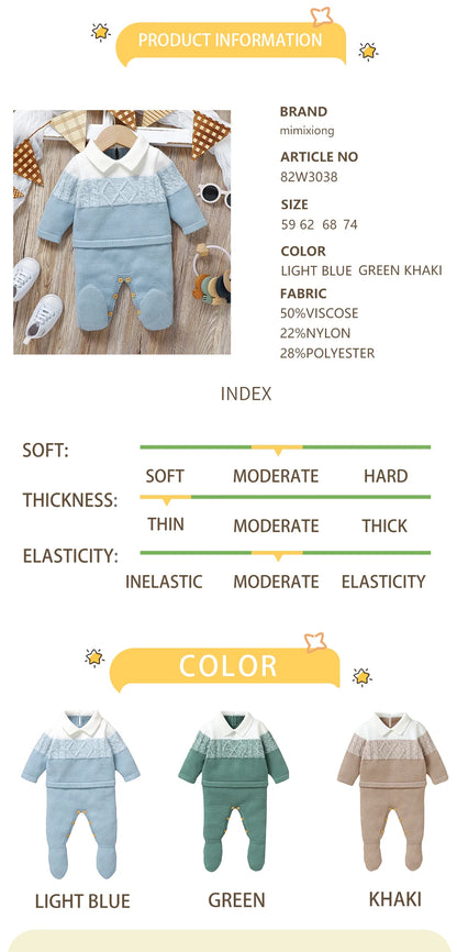 Baby Boys Rompers - Soft Knit Long Sleeve Turn-Down Collar Infant Jumpsuit - ZOOMNSTORE