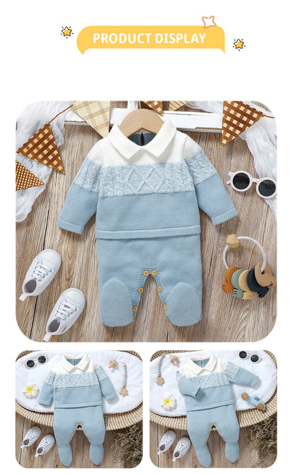 Baby Boys Rompers - Soft Knit Long Sleeve Turn-Down Collar Infant Jumpsuit - ZOOMNSTORE