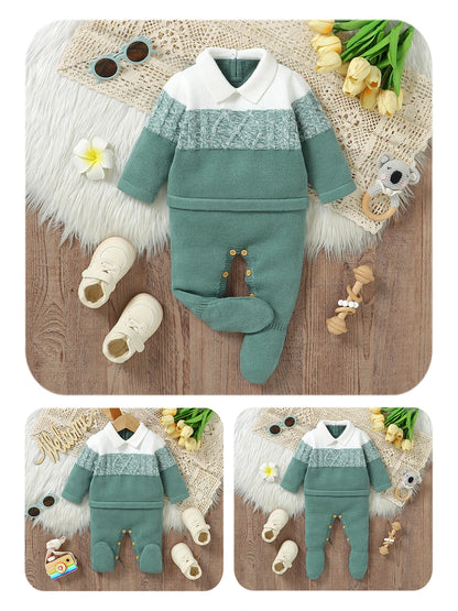 Baby Boys Rompers - Soft Knit Long Sleeve Turn-Down Collar Infant Jumpsuit - ZOOMNSTORE