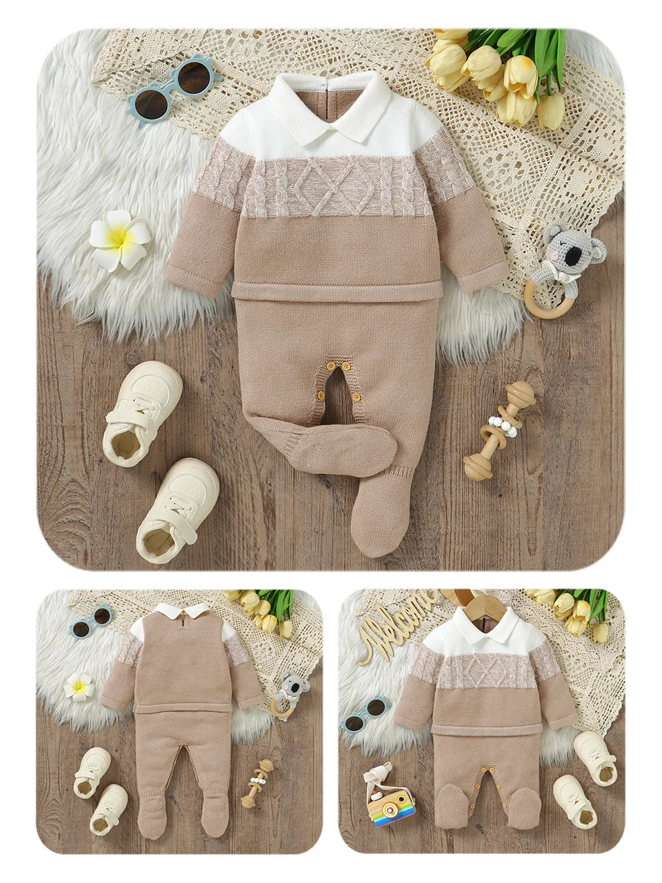 Baby Boys Rompers - Soft Knit Long Sleeve Turn-Down Collar Infant Jumpsuit - ZOOMNSTORE