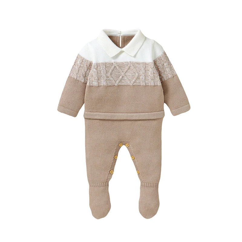 Baby Boys Rompers - Soft Knit Long Sleeve Turn-Down Collar Infant Jumpsuit - ZOOMNSTORE