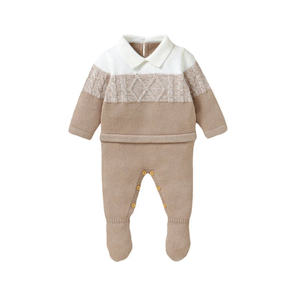 Baby Boys Rompers - Soft Knit Long Sleeve Turn-Down Collar Infant Jumpsuit - ZOOMNSTORE