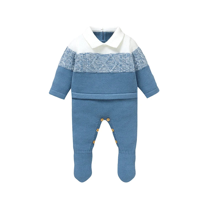 Baby Boys Rompers - Soft Knit Long Sleeve Turn-Down Collar Infant Jumpsuit - ZOOMNSTORE