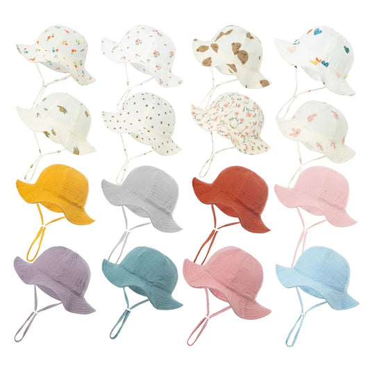 Baby Cotton Bucket Hat New Children Sunscreen Outdoor Caps Boys Girls Print Panama Hat Unisex Beach Fishing Hat For 3-12 Months - ZOOMNSTORE