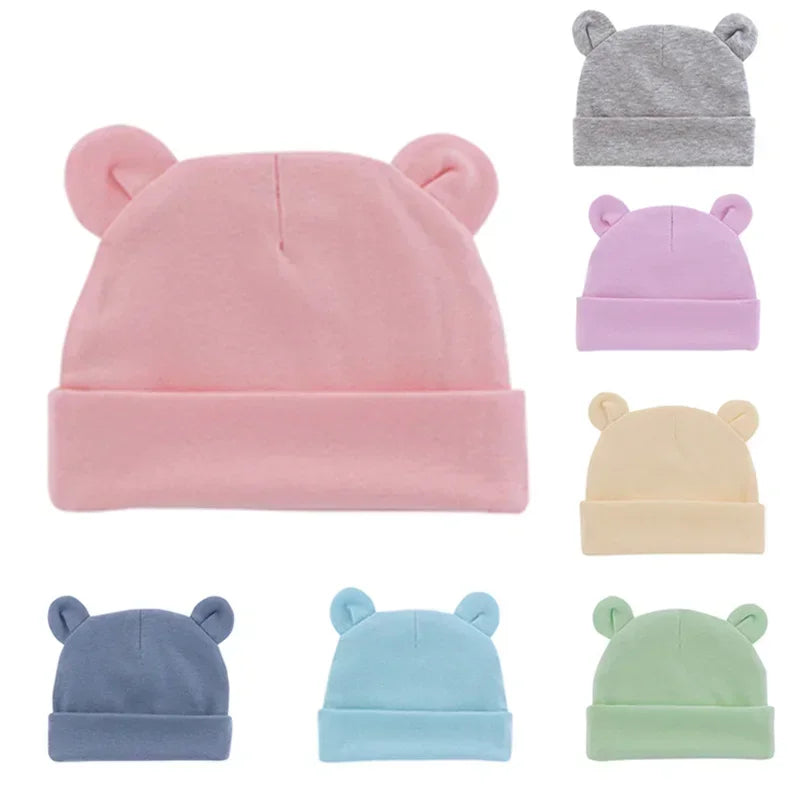 Autumn Winter Baby Hat Comfortable Solid Color Hats Cute Ear Shape Cotton Cap Newborn Photography Props 0 -1 Infant Bonnet Items - ZOOMNSTORE
