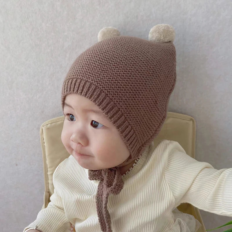 Korean Baby Ear Protection Hat Winter Warm Toddler Knitted Hat 2-24 Months Infant Woolen Crochet Bonnet Double Ball Kids Beanie - ZOOMNSTORE