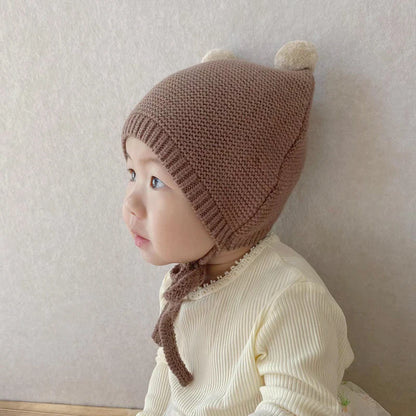 Korean Baby Ear Protection Hat Winter Warm Toddler Knitted Hat 2-24 Months Infant Woolen Crochet Bonnet Double Ball Kids Beanie - ZOOMNSTORE