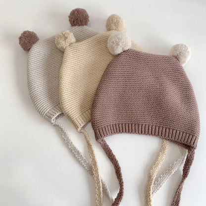 Korean Baby Ear Protection Hat Winter Warm Toddler Knitted Hat 2-24 Months Infant Woolen Crochet Bonnet Double Ball Kids Beanie - ZOOMNSTORE