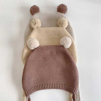Korean Baby Ear Protection Hat Winter Warm Toddler Knitted Hat 2-24 Months Infant Woolen Crochet Bonnet Double Ball Kids Beanie - ZOOMNSTORE