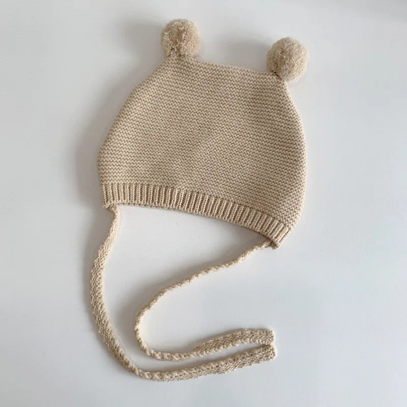 Korean Baby Ear Protection Hat Winter Warm Toddler Knitted Hat 2-24 Months Infant Woolen Crochet Bonnet Double Ball Kids Beanie - ZOOMNSTORE