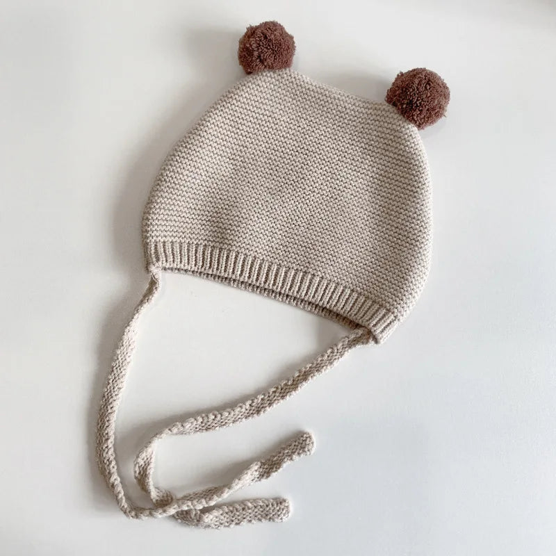 Korean Baby Ear Protection Hat Winter Warm Toddler Knitted Hat 2-24 Months Infant Woolen Crochet Bonnet Double Ball Kids Beanie - ZOOMNSTORE