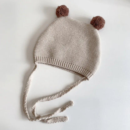 Korean Baby Ear Protection Hat Winter Warm Toddler Knitted Hat 2-24 Months Infant Woolen Crochet Bonnet Double Ball Kids Beanie - ZOOMNSTORE