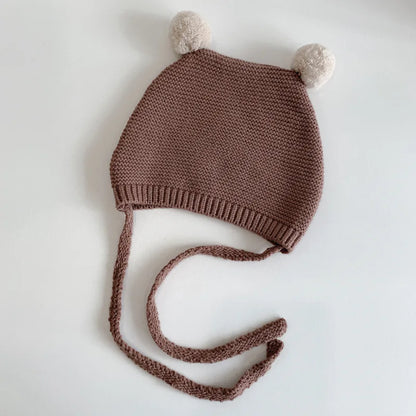 Korean Baby Ear Protection Hat Winter Warm Toddler Knitted Hat 2-24 Months Infant Woolen Crochet Bonnet Double Ball Kids Beanie - ZOOMNSTORE